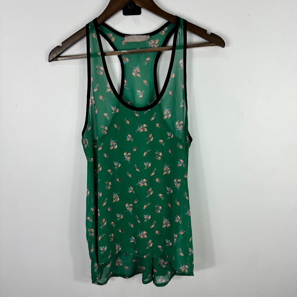 Audrey 3+1 Tank Top M Green‎ Sheer Bird Print Indie Sleaze Y2K Whimsical Boho